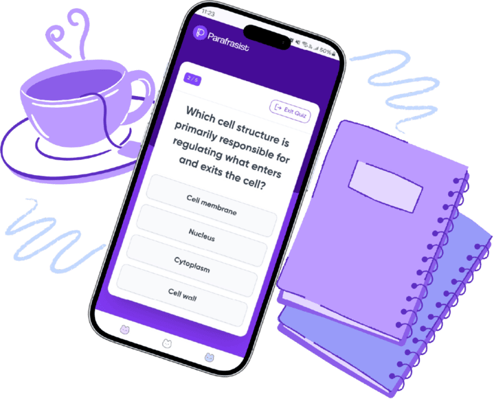 Coffee, books, and phone with quizzes