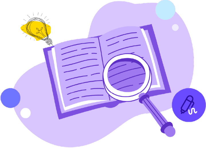 Book, magnifying glass, and comprehension symbols