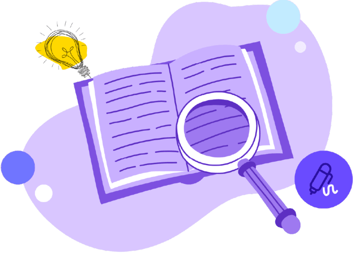Libro, lupa y simbolos de comprensión